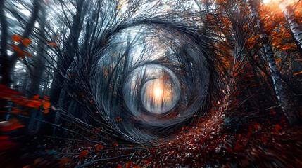 Mystical forest tunnel, autumnal colors, swirling branches, vibrant hues,  sunlight at the end