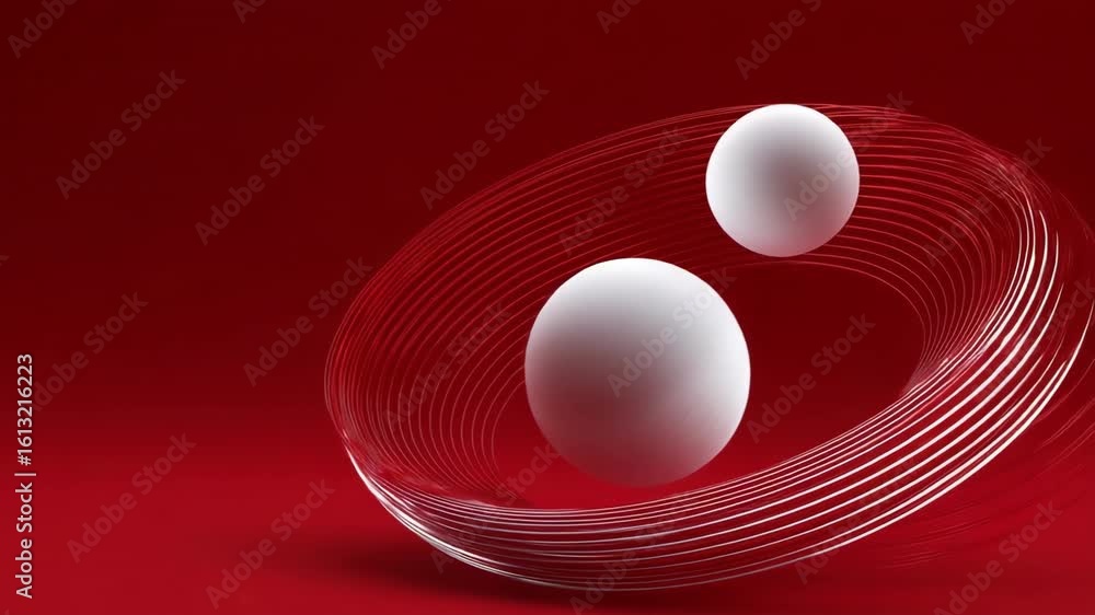 Poster a red background with two white spheres in the center. the spheres are floating in a red circle