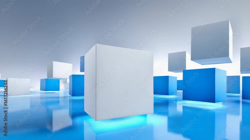 Poster a blue and white cube wall with many cubes. the cubes are arranged in a way that they look like they