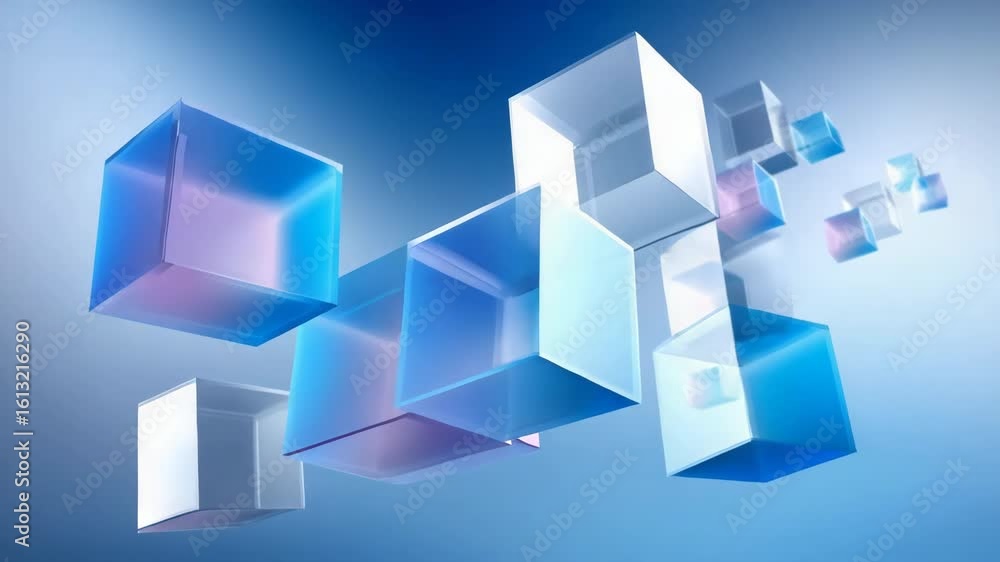 Poster a blue and purple cube with a white border is surrounded by other cubes. the cubes are all different