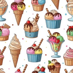 Colorful seamless pattern of delicious ice cream cones and sundaes with toppings for summer fun