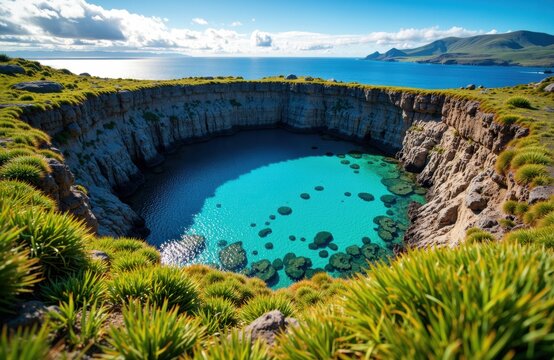Vivid coastal landscape featuring a volcanic crater filled with turquoise water and lush green vegetation under a bright sky