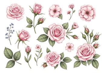 Romantic pink rose blossom illustrations for elegant floral designs and wedding stationery projects