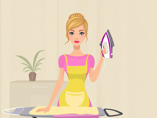 A young caucasian woman, wearing a pink dress and a yellow apron, is standing in front of an ironing board, holding an iron in her right hand, and appears to be ironing clothes. 