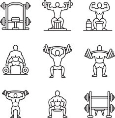Bodybuilding and Gym Workout Icons – Outline Fitness Equipment and Strength SymbolsBodybuilding and Gym Workout Icons – Outline Fitness Equipment and Strength Symbols