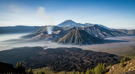 Mount bromo rises majestically in a smoky, volcanic indonesian landscape
