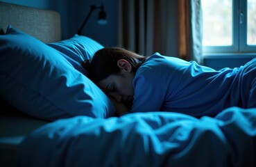 Woman sleeping peacefully in bed during early morning with natural light coming through the window