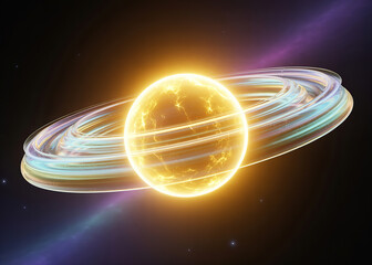 Bright glowing star with luminous rings around it, set against dark space background with small distant stars, creating cosmic and celestial scene filled with energy and wonder