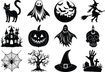 Obraz premium set of halloween element silhouette collection. Black and white vector editable file. pumpkin, ghost, cat, cauldron, horror house, female witch ride, owl, raven bird, skeleton, spider, witch hat