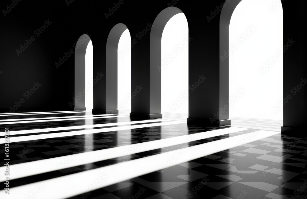 Poster arched windows casting light and shadow on checkered floor creating a dramatic interior scene