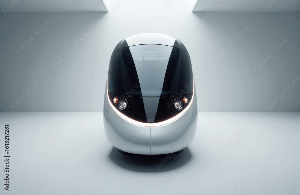 Poster futuristic white autonomous vehicle with sleek design in a modern minimalist setting