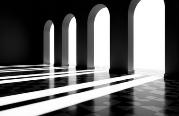 Arched windows casting light and shadow on checkered floor creating a dramatic interior scene