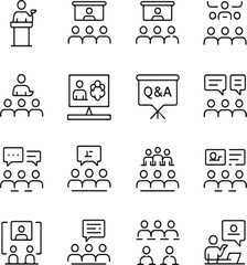 Conference and Keynote Line Icons – Thin Outline Set for Talks, Seminars, and Educational EventsConference and Keynote Line Icons – Thin Outline Set for Talks, Seminars, and Educational Events