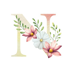 Watercolor letter N with floral ornament and soft foliage, gerbera, chamomile, echinacea. Delicate hand drawn butterfly and botanical elements in elegant.Transparent PNG, perfect for wedding monogram