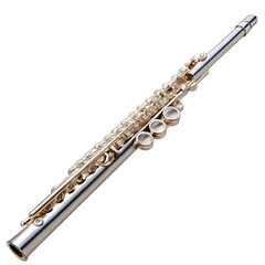 Fototapeta premium A gleaming silver flute, a woodwind musical instrument, poised for a melodic performance