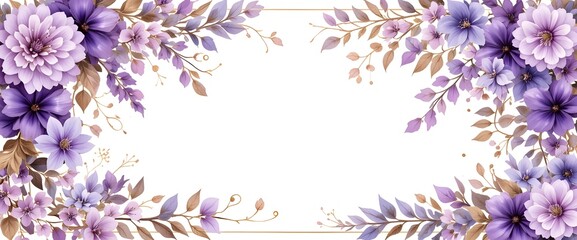 Floral Border Design with Watercolor Lilac and Violet Flowers, Metallic Gold Leaves and Whimsical Vines, Centered on a Clean White Background with a Fine Gold Outline