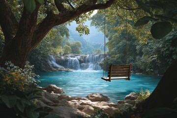 A tree, a lake, mountains, greenery, a bench - a swing. Generative AI