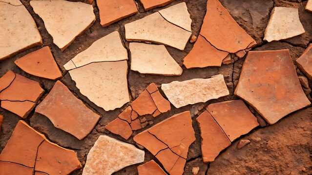 An overhead shot of cracked and broken terracotta tiles creating an abstract textured background on the earthen ground.