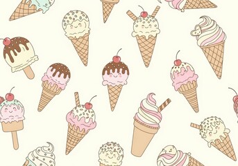 Cute cartoon ice cream cone pattern with cherry toppings for playful summer design projects and sweet treats