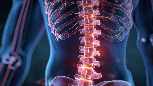 Medical illustration 3D visualization of lumbar spine vertebrae. Problem areas and pain are shown in red