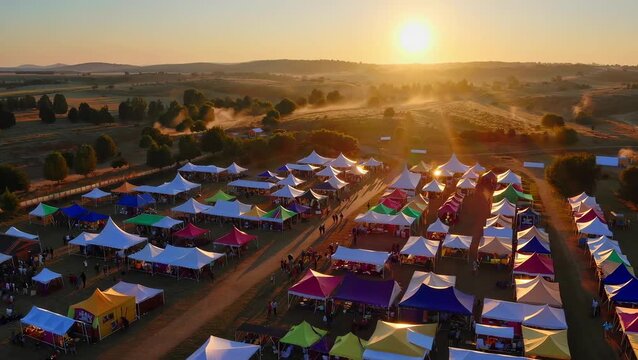 Vibrant Evening Market with Sunset Over Colorful Stalls in Countryside Setting