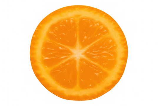 Juicy orange slice highlighting fresh, glistening pulp segments and textured rind with translucent lighting