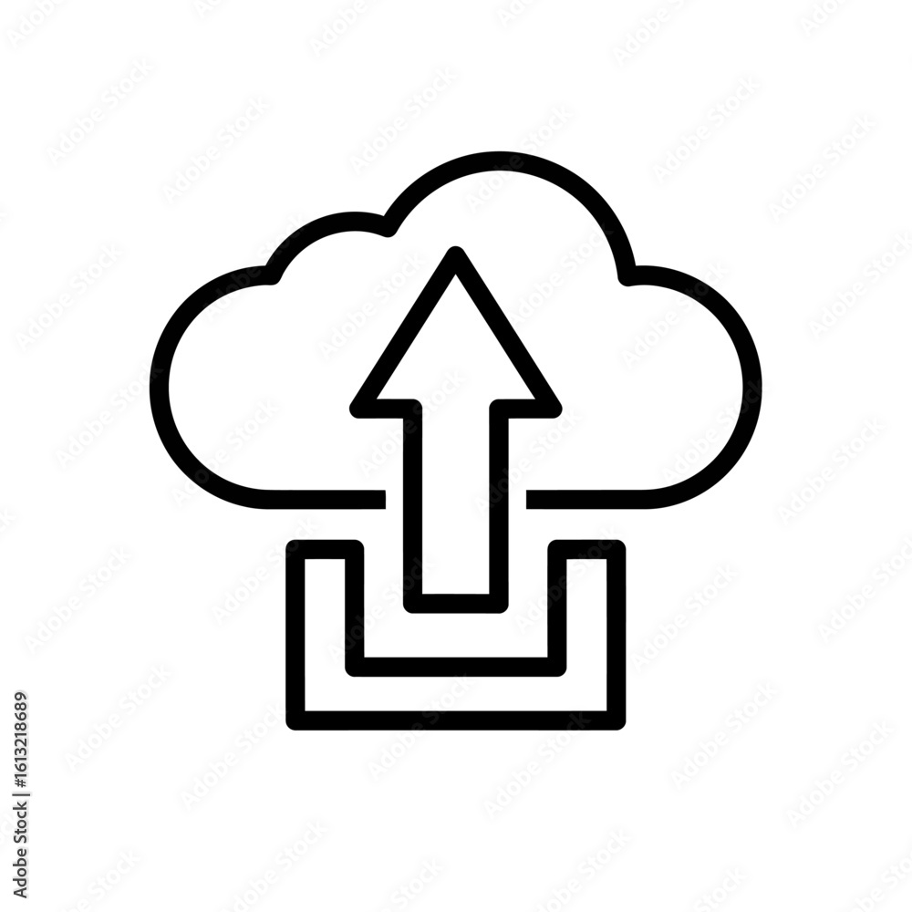 Poster simple black and white icon depicting data upload to the cloud.