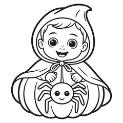 Toddler in Little Red Riding Hood Costume with Spider Halloween Coloring Page