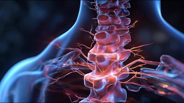 Medical illustration 3D visualization of the cervical spine vertebrae. Problem areas and pain are shown in red