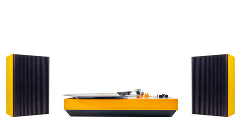 Orange isolated record player with two vintage stereo speakers
