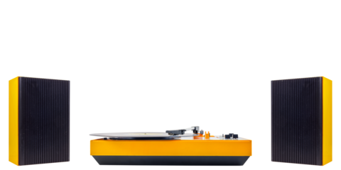 Orange isolated record player with two vintage stereo speakers