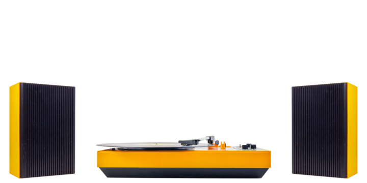 Orange isolated record player with two vintage stereo speakers