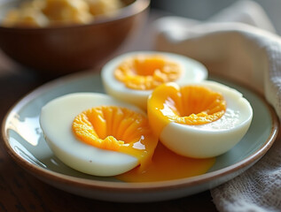 Golden Yolk Soft Boiled Eggs on Rustic Table with Morning Light


