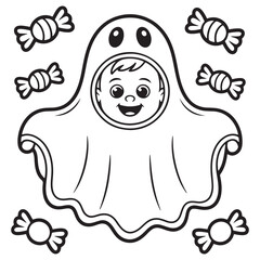 Smiling Baby Ghost Surrounded by Halloween Candy – Kawaii Trick-or-Treat Coloring Page