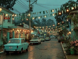 A quiet city street at dusk adorned with soft glowing lights and fluttering green and white buntings, symbolizing unity