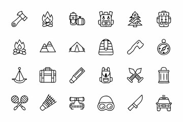 Line art icons of camping and outdoor adventure equipment and supplies © RanjanKumar