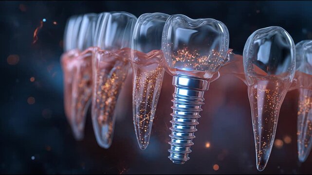Realistic 3D visualization of jaw anatomy. Transparent tissues allow you to see the roots of the teeth and the shunt from the dental implant located in the gum
