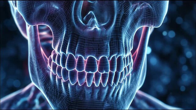 Medical anatomical model of skull with translucent bone tissues to demonstrate jaw. 3D visualization of human jaw
