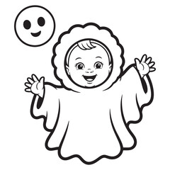 Smiling Baby in Ghost Costume – Adorable Kawaii Halloween Coloring Page


