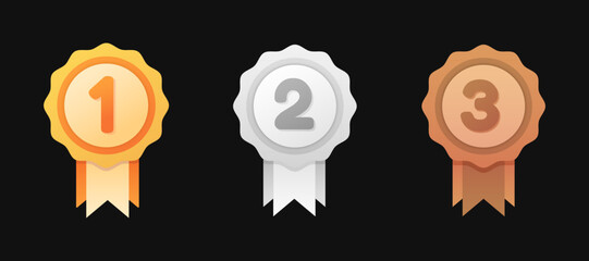Winner Badge 1st 2nd 3rd Place Set. Gold, Silver, Bronze Medal Set Collection.  Premium Medal Award Labels for Winners and Certificate
