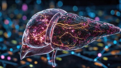 Medical anatomical model of human liver. 3D visualization of diseased organ. Liver with bright red spots to demonstrate damage, cirrhosis