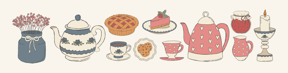 Hand drawn cozy cottagecore tea party elements set. Teapots, teacups, cheesecake, cookies, pie, jam jar, vase with flowers and candle in vintage rustic style isolated on cream background.