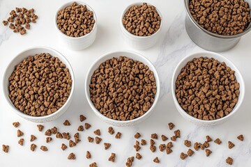 Several white bowls filled with small, dark-brown kibble, various sizes, on a white marble surface