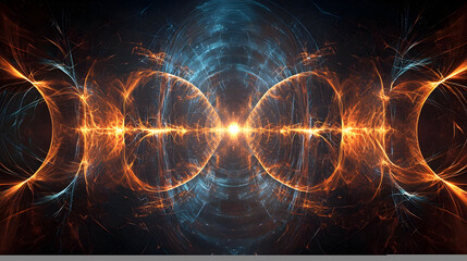 Abstract symmetrical energy patterns,  intertwined  orange and blue light bursts,  radiating  from a central point, against a dark background