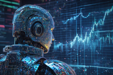 AI Robot Analyzing Financial Data on Digital Screen. Generative AI.