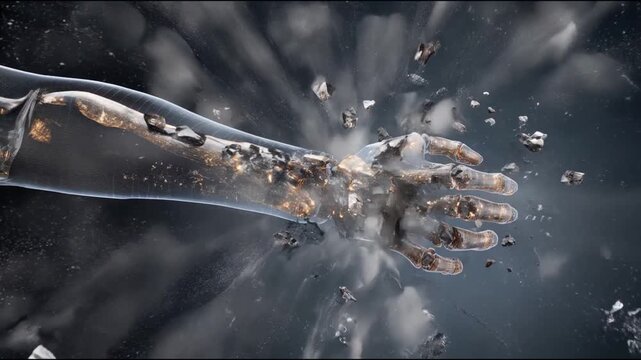 Creative video background showing a human hand with translucent tissue. The bone explodes with pain and its particles fly in different directions.