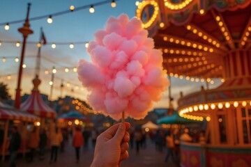 Obraz premium A person holding a fluffy pink cotton candy stick at a lively carnival with vivid lights, colorful attractions, and a cheerful atmosphere during the evening.