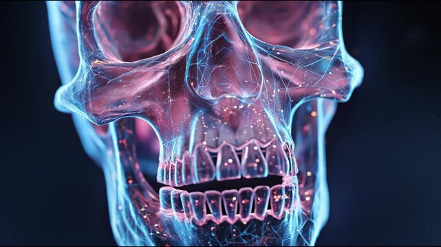 Medical anatomical model of the skull with polygonal bone tissues to demonstrate the jaw. 3D visualization of the human jaw.