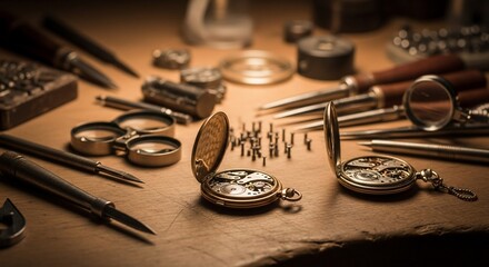 Vintage Watch Repair Tools and Pocket Watches on a Wooden Workbench Surface
