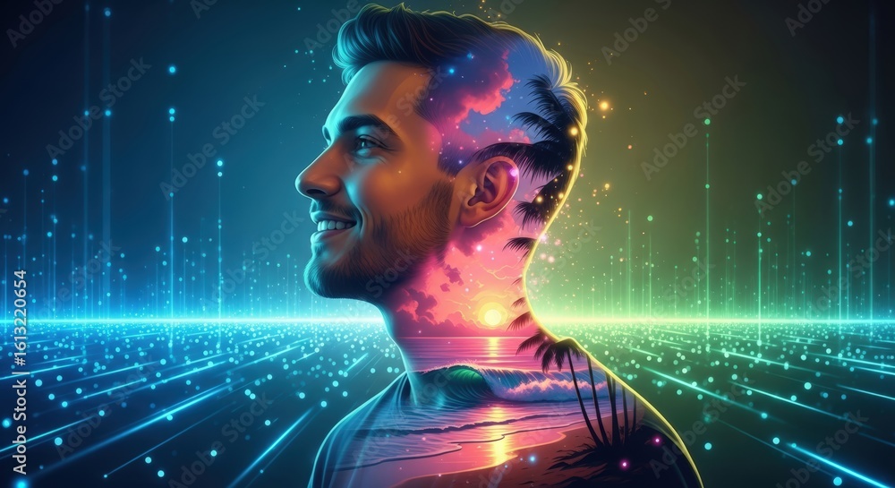 Poster young man with beard profile in vibrant digital abstract background. futuristic data visualization f